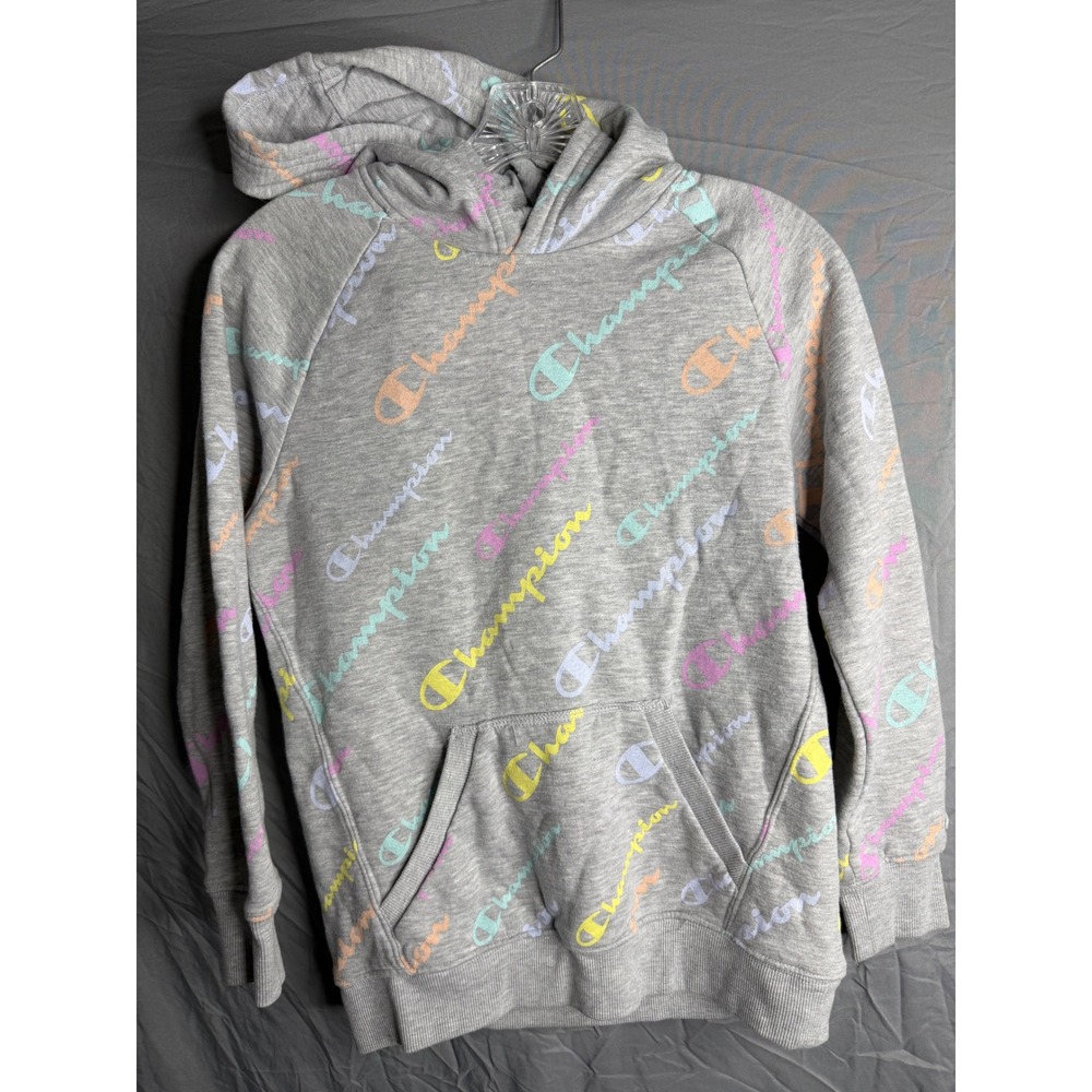 Champion XL Heather Gray Pastel All Over Script Logo Pullover Hoodie